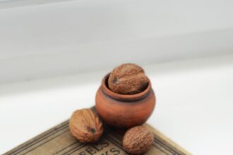 An antique cookbook lying open on a table beside a handful of walnuts